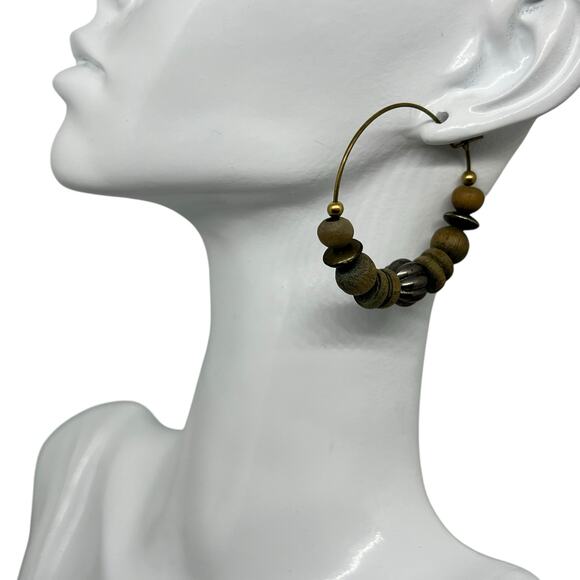 Bohemian Natural Wooden Bead Hoop Earrings Brass Accent Tribal Ethnic Statement - Picture 1 of 4